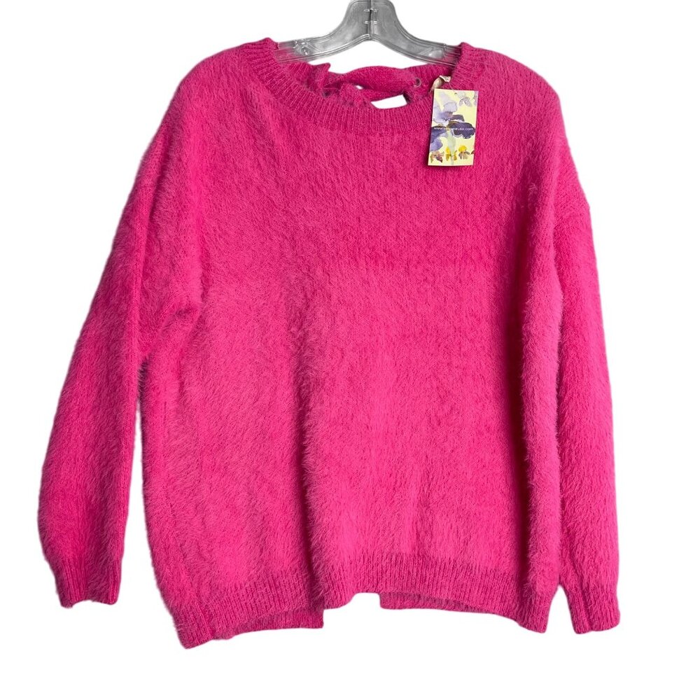 New ee:some‎ Faux Fur Open Back Tie Sweater Pink Womens S Oversized Eyelash